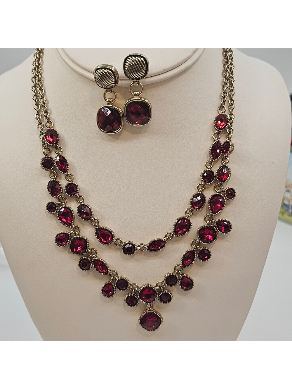 Vintage Napier Red Crystal Statement Necklace Earrings Set Gold Tone Bib Faceted